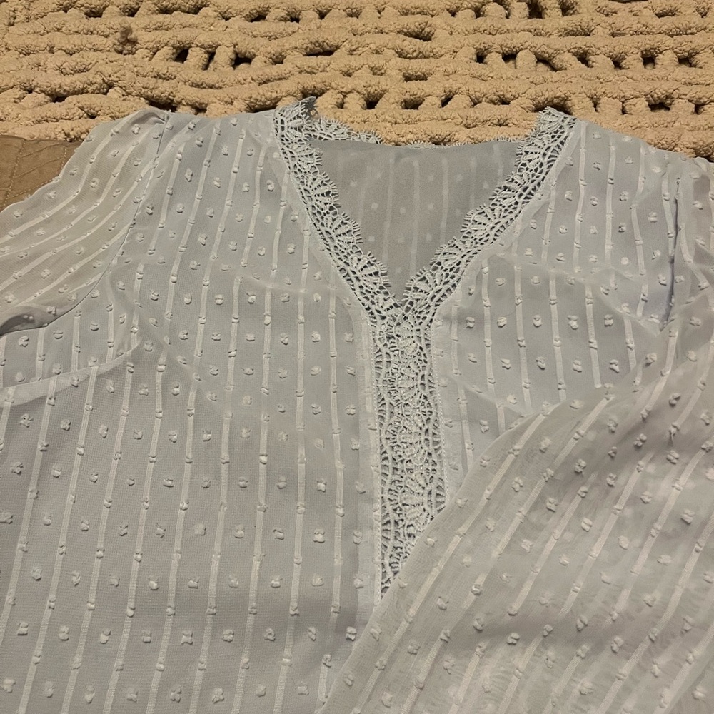 Light Blue Lace-Trim Swiss Dot V-Neck Blouse